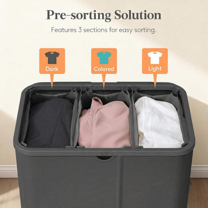 Lifewit 185L 3 Section Laundry Hamper with Lid, Laundry Basket, Beige | Large Foldable Laundry Sorter with 3 Removable Bags, Tall Clothes Hamper for Bedroom and Bathroom