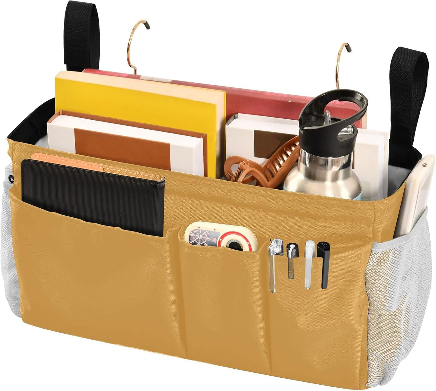 Black Bedside Caddy Storage Bag Bedside Organizer for Bed Rails College Dorm Room Organizer Caddy Hanging Shelf 6 Pockets with Hooks for Drinks Magazine Phone Holder