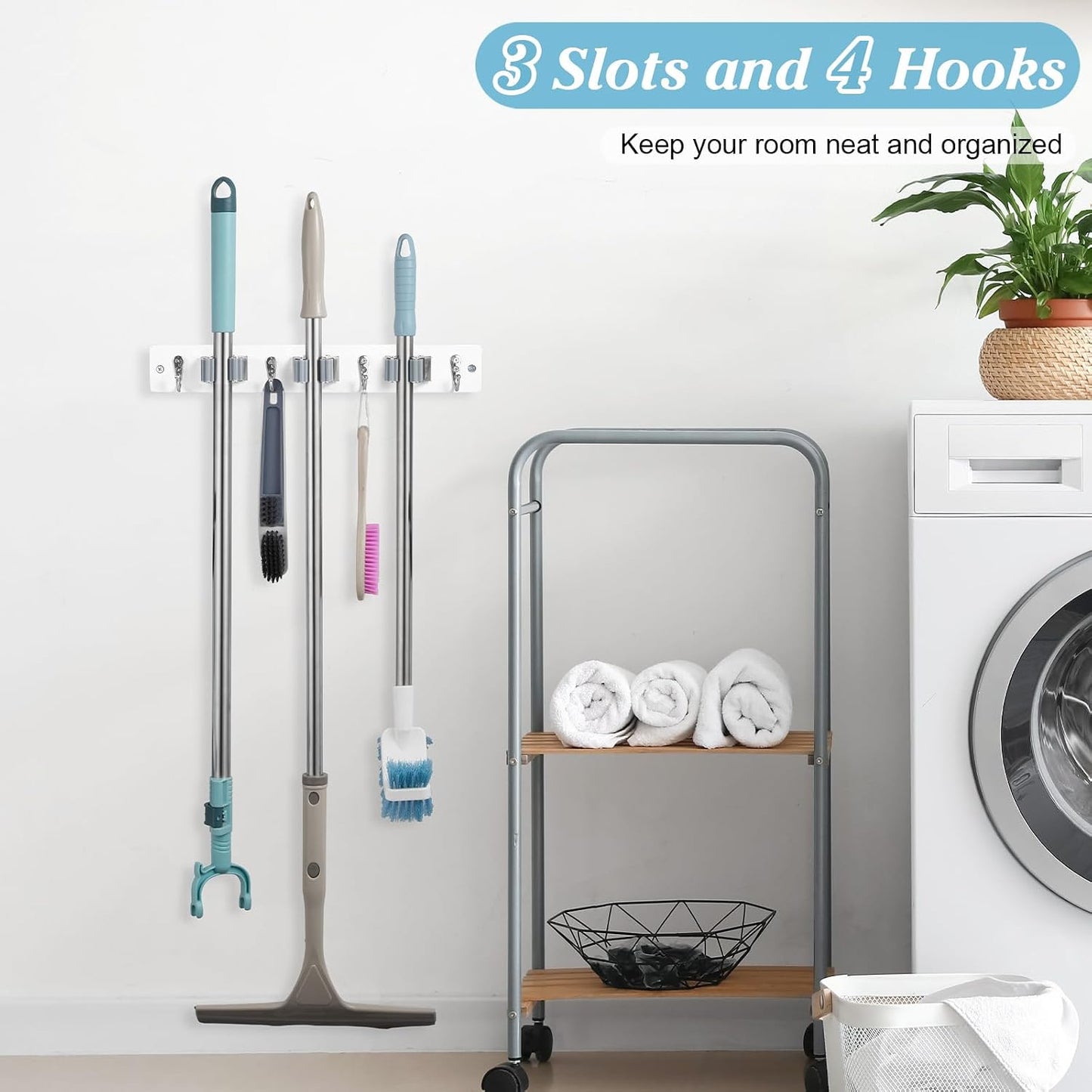 White Broom Holder Wall Mount - Heavy Duty Wood Mop and Broom Organizer with 5 Slots & 4 Hooks - Garden Tool Hanger for Laundry Room Closet Kitchen Garage Storage and Organization - Modern Home Decor