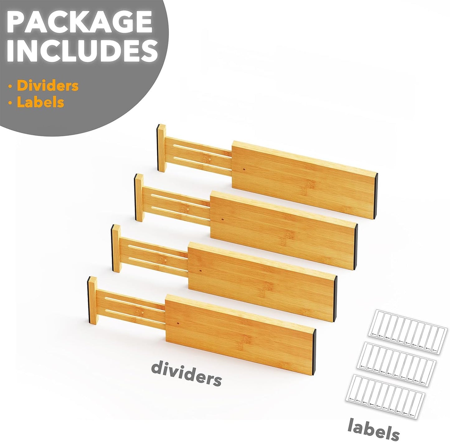 SpaceAid Bamboo 4 Pack Dresser Drawer Dividers, 4.65“ High Adjustable 12.5“-17” Drawer Organizers, Expandable Organization for Clothing, Clothes, Dressers, Black