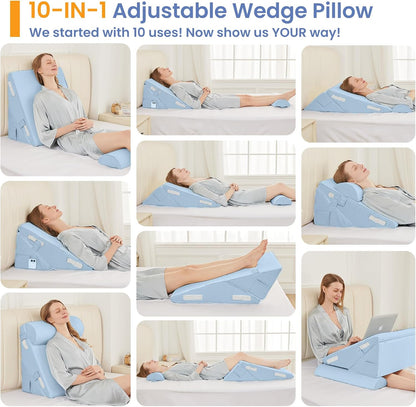 Sasttie Adjustable Wedge Pillow Set for After Surgery, Dark Grey & White | Bed Wedge Pillow Headboard with Memory Foam Neck Cushion, for Acid Reflux, Sleeping, Neck & Back Support
