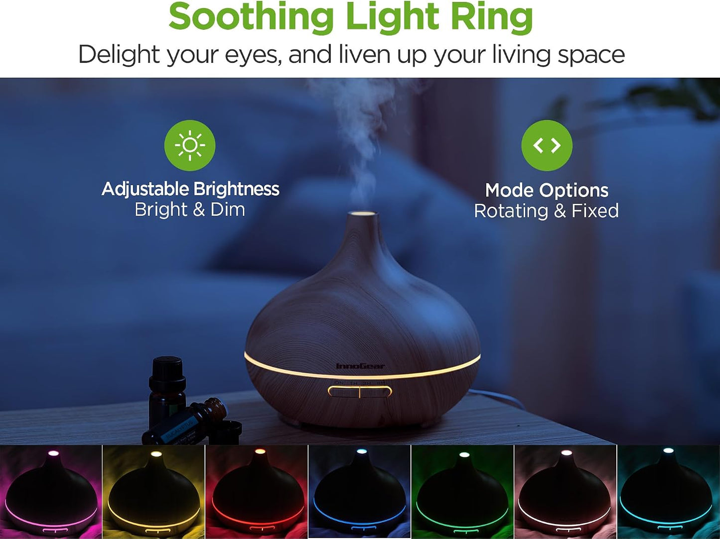 InnoGear Aromatherapy Diffuser & 10 Essential Oils Set, 400ml Diffuser Ultrasonic Diffusers for Home Cool Mist Humidifier with 4 Timers 7 Colors Light Waterless Auto Off, Dark Wood Grain