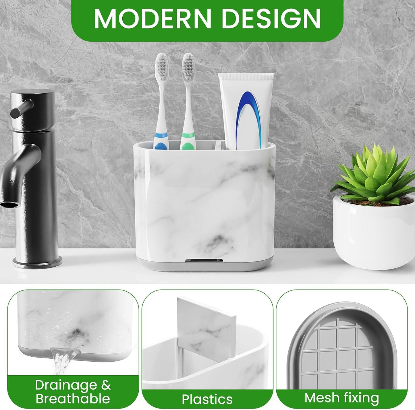 Bamboo Toothbrush Holder for Bathrooms Toothpaste Organizer, Small, White | 2 Slots, Easy to Clean, Plastic, Kids Electric Toothbrush, Drainage, Removable, For Bathroom, Vanity, Kitchen Sink, Office