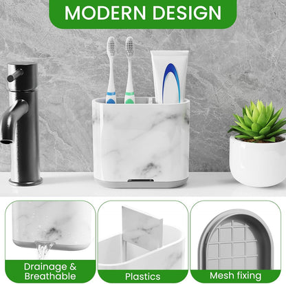 Bamboo Toothbrush Holder for Bathrooms Toothpaste Organizer, Small, White | 2 Slots, Easy to Clean, Plastic, Kids Electric Toothbrush, Drainage, Removable, For Bathroom, Vanity, Kitchen Sink, Office