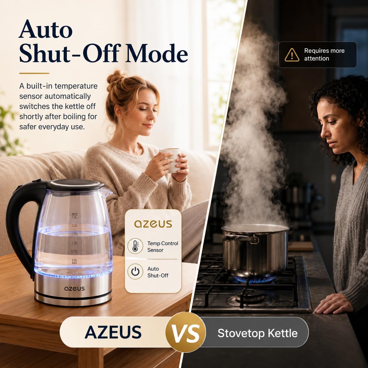 Azeus 1.8L Electric Kettle CX-817 - Fast Boil, Auto Shut-Off, Boil-Dry Protection, 360° Swivel Base - Stainless Steel Water Boiler for Tea, Coffee, and Hot Water