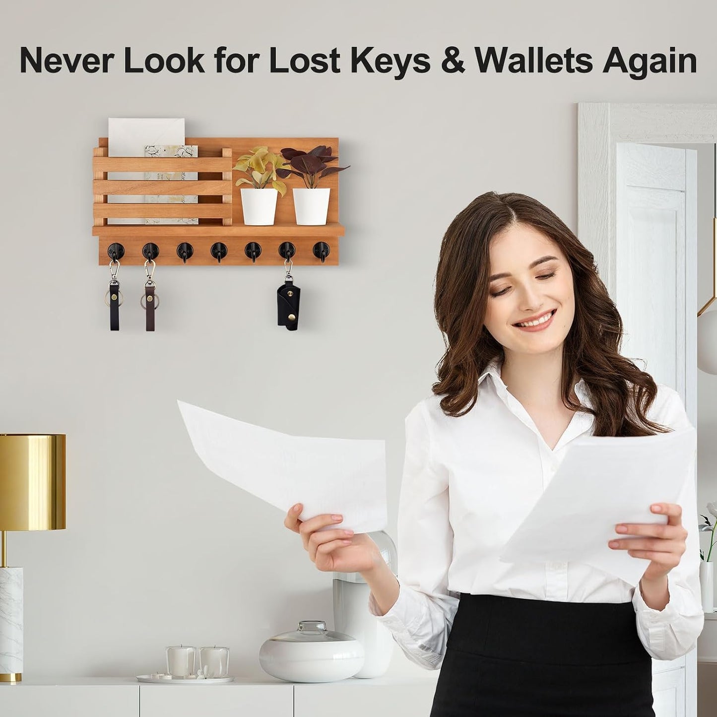 Lwenki Key Holder for Wall – Decorative Wooden Mail Holder and Key Shelf with Mounting Hardware, Installation Guide – Paulownia Wood with Metal Key Hooks (Black, Large - 11.8inch)