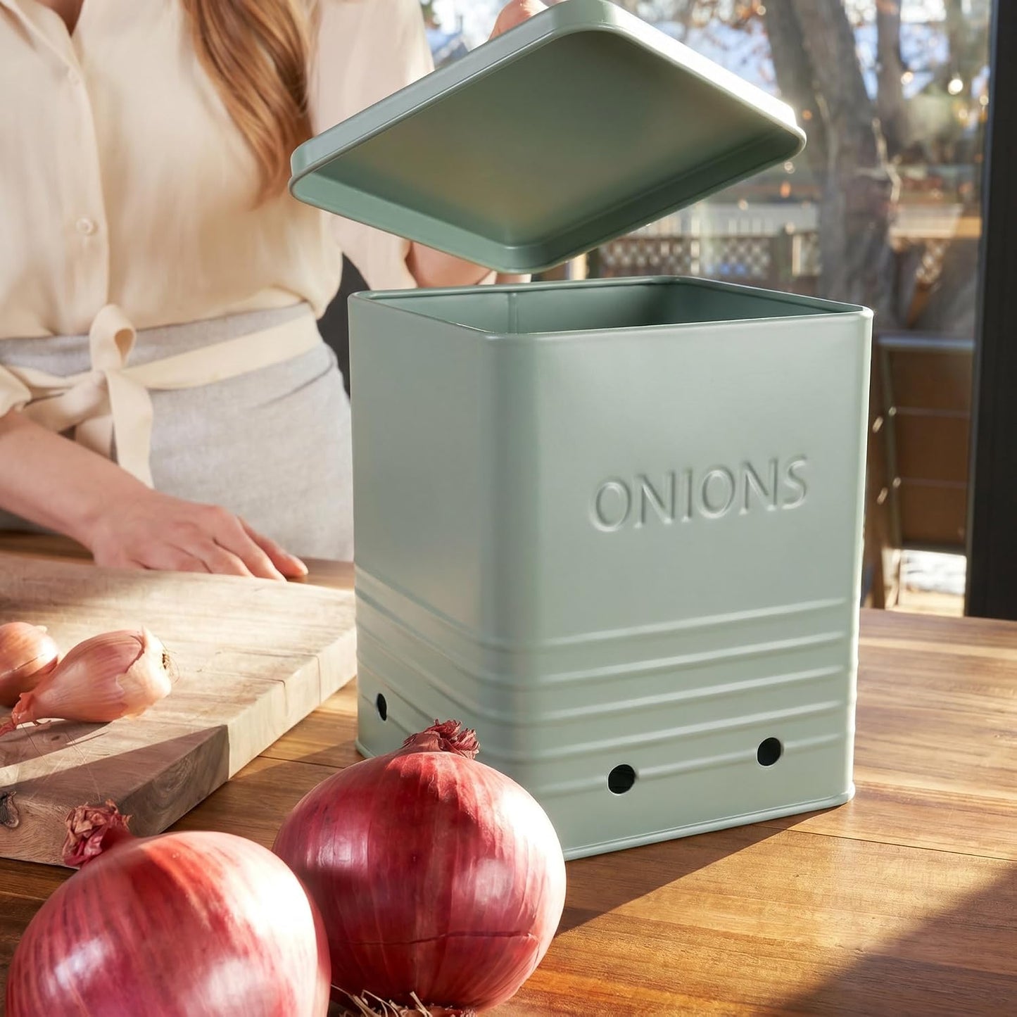 Beautiful Potato and Onion Storage Container Set - Food Safe Metal Bins | Spacious 10.1" and 8.9" Canisters for Your Kitchen Counter or Pantry - Keeps Produce Fresh Longer