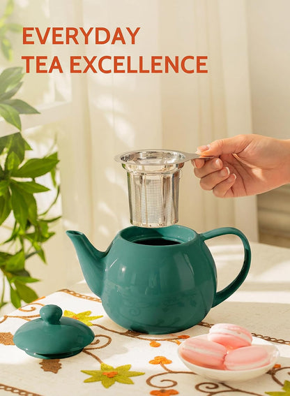 Sweese Teapots for Tea, 27 oz Porcelain Tea pot with Removable Stainless Steel Infuser, Tea Pots for Loose Tea - White