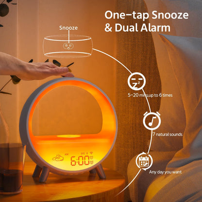 MOMILLA Smart Sunrise Alarm Clock with Wireless Charging Station, App Control Wake-Up Light & White Noise Sound Machine, Bluetooth Speaker, Compatible with Airpods/iPhone for Bedrooms & Heavy Sleepers | Bluetooth Speaker App Control,Wake-Up Light,White