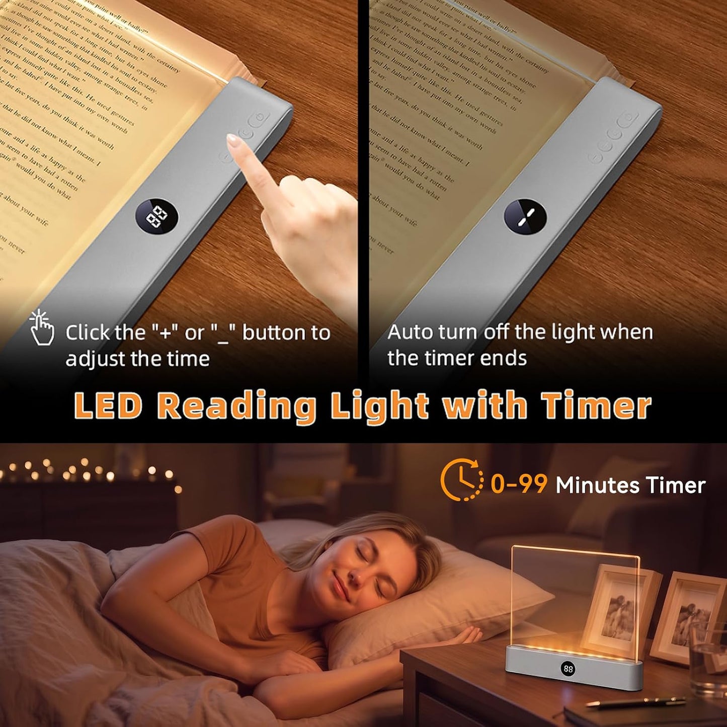 Amber Book Light, Rechargeable Clear LED Flat Reading Light with 3 Colors & Timer, Dimmable Panel Plate Lamp Book Full Page Light for Reading in Bed at Night, Funny Gifts for Readers Book Lovers