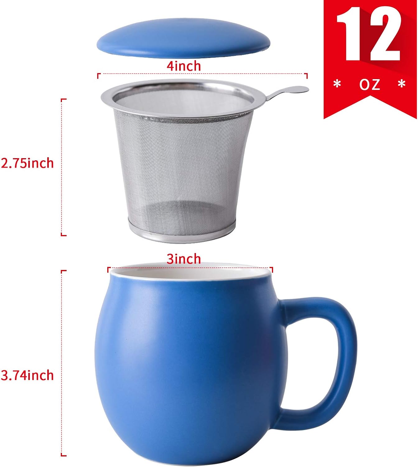 Yundu 12 OZ Matte Purple Ceramics Teacup with Infuser and Lid, Mug with Lid for Steeping - Stainless Steel Infuser for Loose Leaf Tea, Home Office Gift for Tea Lovers