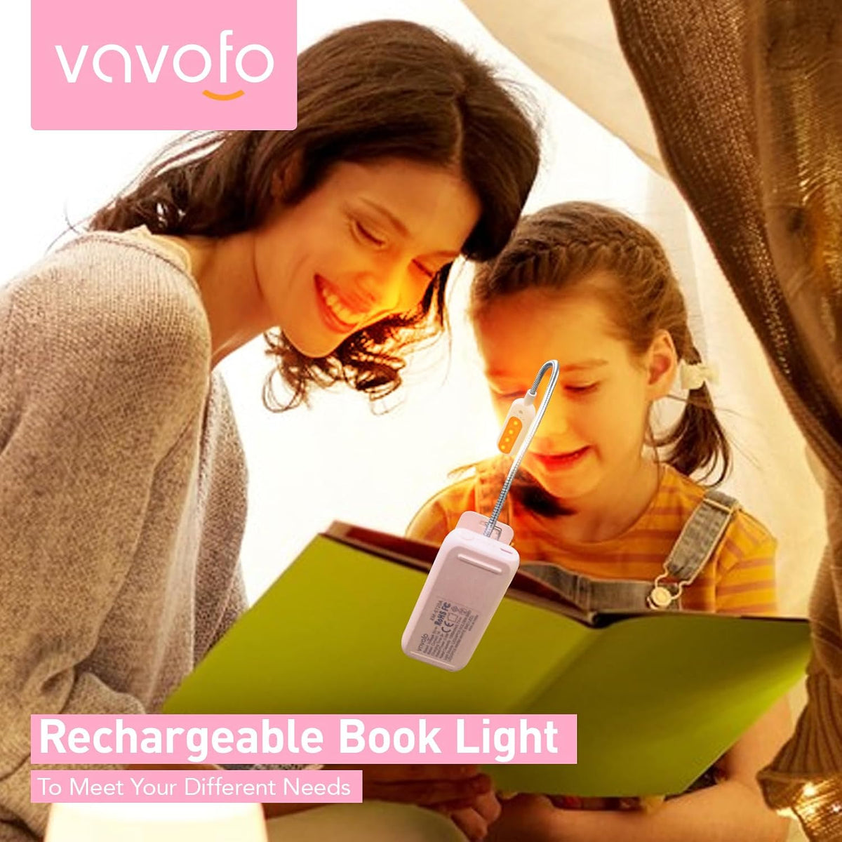 VAVOFO Rechargeable Book Light, Blue Light Blocking, Amber 1600K Clip On Reading Light, Eye Care 7 LEDs Kids Book Light for Reading in Bed with Power Indicator for Bookworms (Neon Orange)