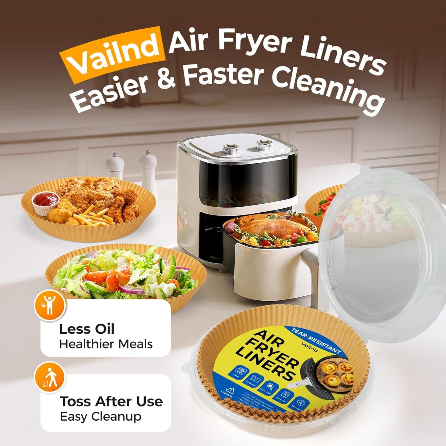 Vailnd Air Fryer Paper Liners, 200pcs Air Fryer Liners Disposable 8" Square | Baking Paper Liner for 5-8 qt Airfryer Basket, Non-stick and Oil Proof Parchment Paper for Oven, Pans & Baking