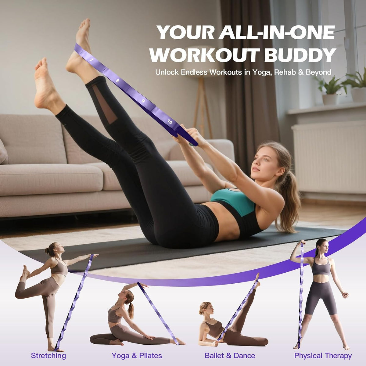 Non Elastic Stretching Strap with Loops - Yoga Straps for Physical Therapy, Durable Stretch Bands for Exercise, Flexibility Training, Hamstring & Leg Stretcher, Yoga/Pilates/Gymnastics
