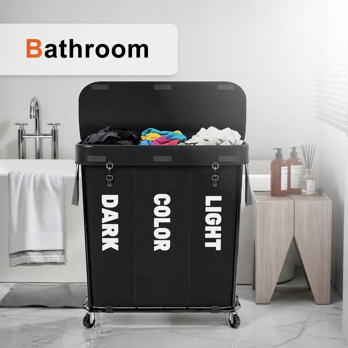 Laundry Sorter with Wheels 240L Rolling Laundry Cart,3 Compartment Designed Removable Laundry Bag for Daily Use in Bathrooms and Laundry Rooms (Brown, 240L)