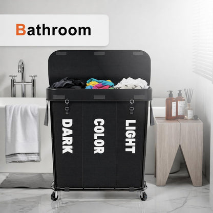 Laundry Sorter with Wheels 240L Rolling Laundry Cart,3 Compartment Designed Removable Laundry Bag for Daily Use in Bathrooms and Laundry Rooms (Brown, 240L)
