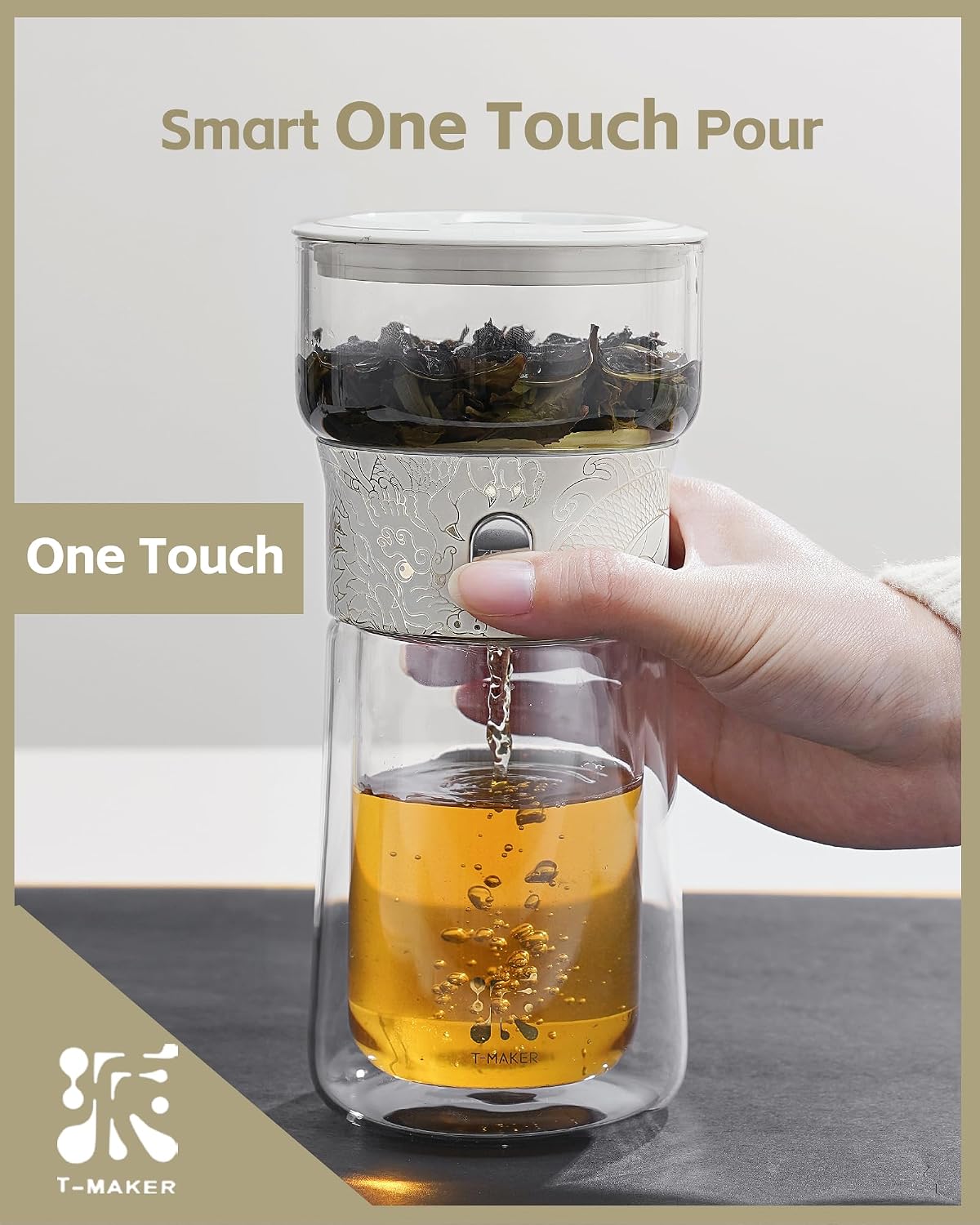 ZENS Glass Infuser Teapot, One Touch Tea Maker for Loose Leaf Tea, Walnut