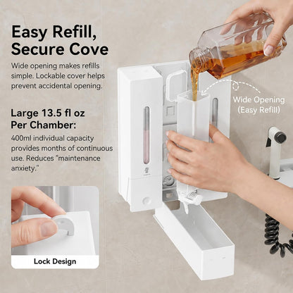 Shampoo and Conditioner Dispenser - Wall-Mounted 3-Chamber Shower Soap Dispenser, No-Drill, 1200ML Capacity, for Bathroom & Hotel