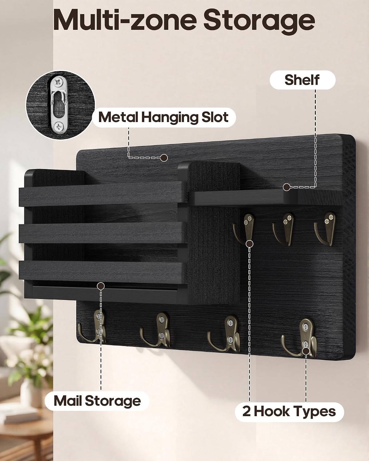 Key Holder Wall Mount with Mail Organizer, 16" L x 5" W x 9.1" H Oversized Keys Hanger Rack with Shelf and 7 Hooks, Wood Wall Organizer for Wallet, Dog Lesh (Brown)
