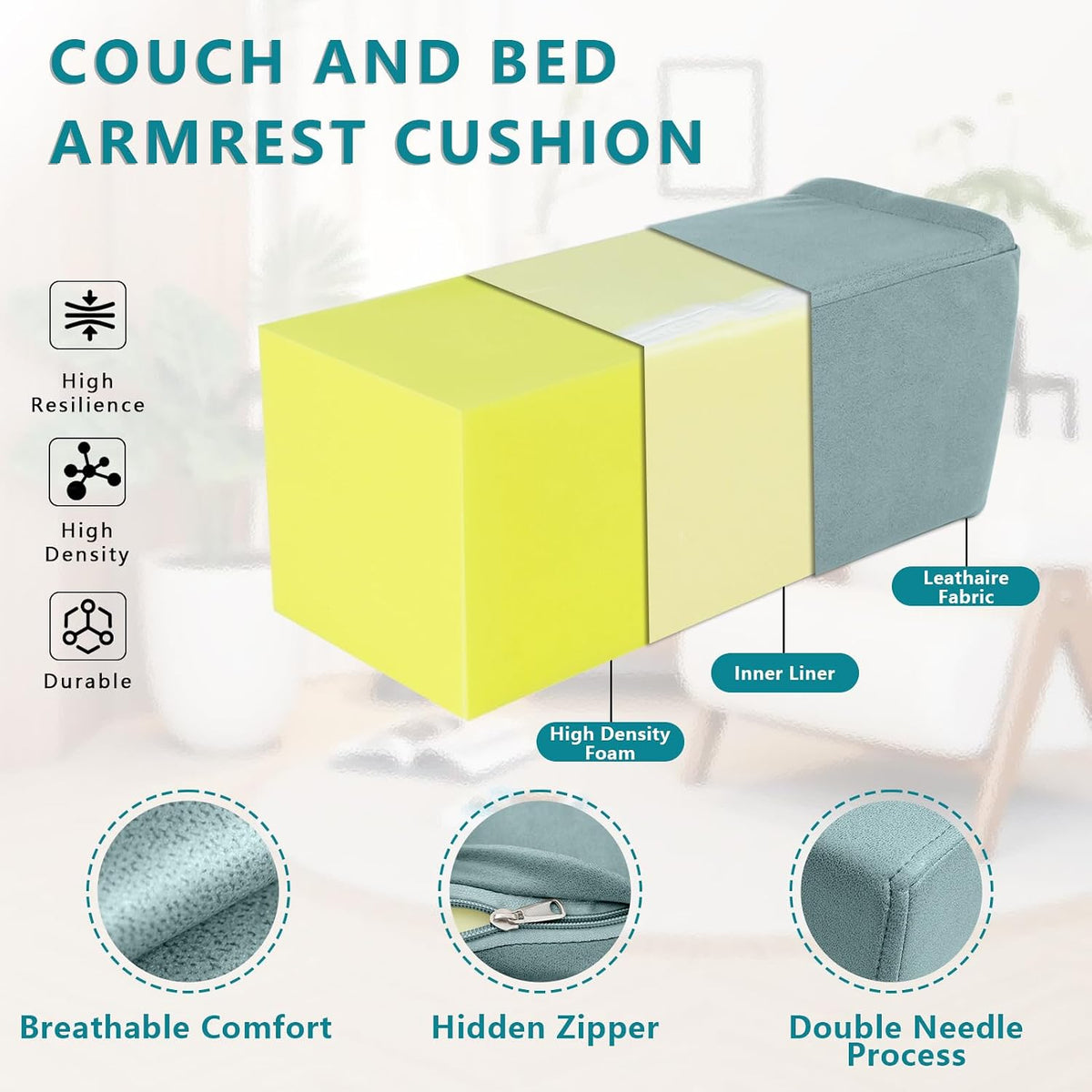 2 Pack Couch Arm Rest Pillow, 6''x6''x20'' Faux Leather Waterproof Cover, High Density Foam Armrest Cushion, Removable & Washable Elbow Support for Sofa, Bed, and Armchair (Medium Grey)