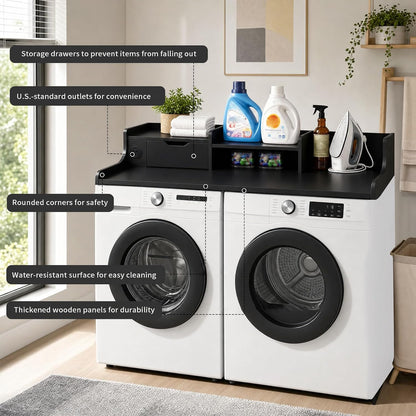 Washer and Dryer Countertop with Power Outlet & Storage Drawer, 54 Inch Laundry Tabletop Over Washing Machine, Clothes Folding & Ironing Station, Laundry Room Organizer with Non-Slip Pads