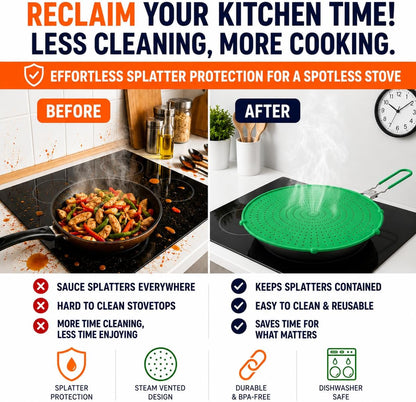 Silicone Splatter Screen for Frying Pan, 13” Navy – Grease & Oil Splatter Guard, Heat Resistant, Dishwasher Safe, Foldable Handle with Sleeves – Splash Guard Fits 10–12” Pans, Most 13” Skillets