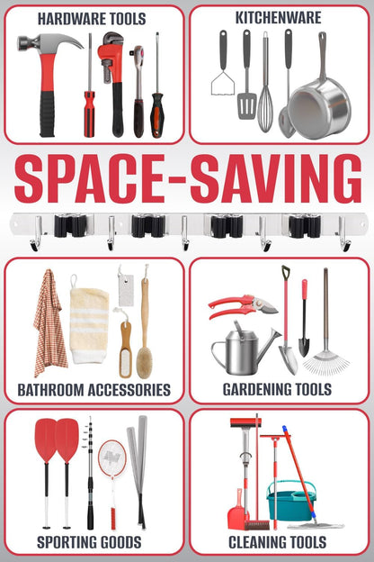 Mop and Broom Holder - Clear Cleaning Clutter and Reclaim Your Space | 5 Racks + 4 Hooks - Rust-Resistant Wall Organizer Holds Cleaning and Garden Tools Securely in Garages and Kitchens