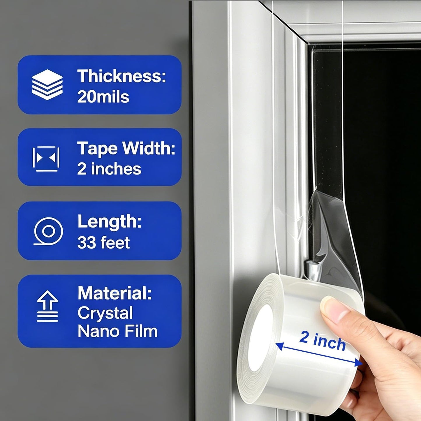Window Sealing Tape 2 Inch x 33 Ft Transparent Window Insulation Waterproof Nano Draft Isolation Tape Clear Weather Stripping Caulk Tape for Window and Bathroom Shower Glass Side Gaps