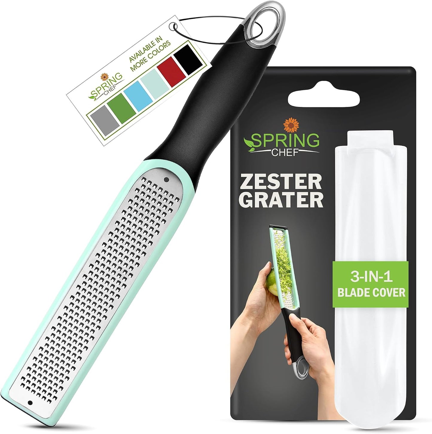 Spring Chef Stainless Steel Lemon Zester - Garlic & Ginger Grater - Gray | Premium Zester with Blade Cover, Cheese Grater with Handle for Parmesan, Nutmeg, Lime - Durable Citrus Zester, Fine Shred