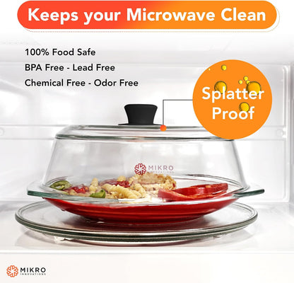 10.5-Inch Glass Microwave Splatter Cover – Borosilicate Glass Food Plate Splatter Guard with Vent Hole, BPA-Free, Easy-Grip Silicone Knob, Dishwasher Safe (1, Black, 10.5in)