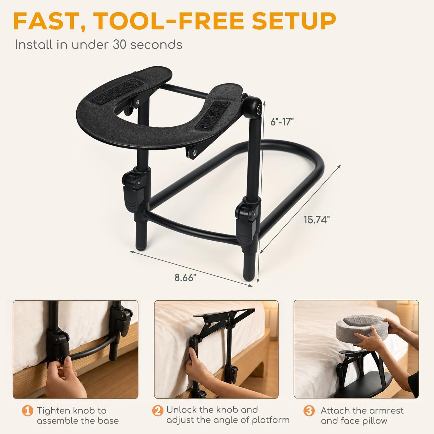 Massage Headrest for Bed, Adjustable Bed Face Cradle Holder with Armrest | Fits 6"-17" Mattresses, Adjustable Height & Angle, Comfortable Face-Down Support, Quick Tool-Free Setup, Foldable Design