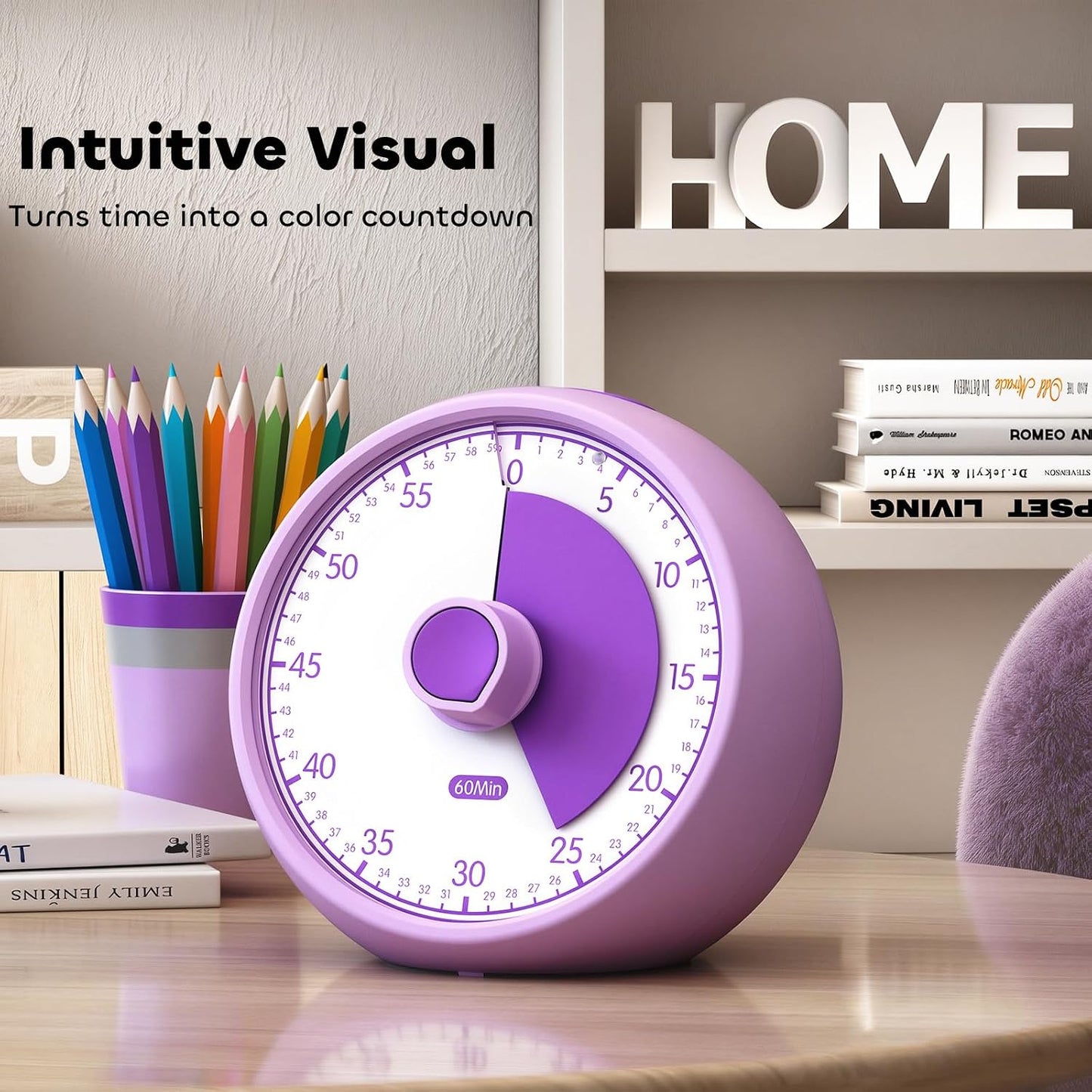 Visual Timer for Kids 60-Minute Countdown Timer with Optional Alarm, Focus Tool for ADHD & Autism, Time Management for Homework, Chores, Office, Kitchen, Teaching & Study Routines (Purple)