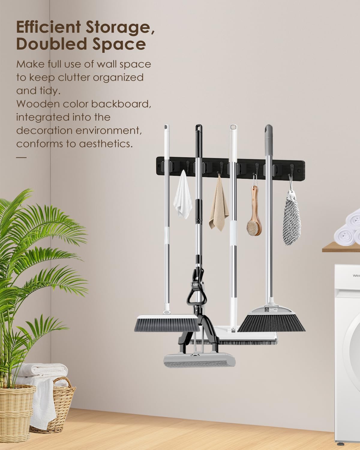 Broom Holder Wall Mount, 4 Holders 4 Hooks Mop and Broom Organizer | Mop Holder Wall Mount and Broom Hanger for Garage, Laundry Room, Kitchen and Utility Storage