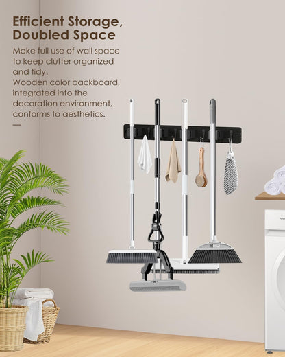 Broom Holder Wall Mount, 4 Holders 4 Hooks Mop and Broom Organizer | Mop Holder Wall Mount and Broom Hanger for Garage, Laundry Room, Kitchen and Utility Storage