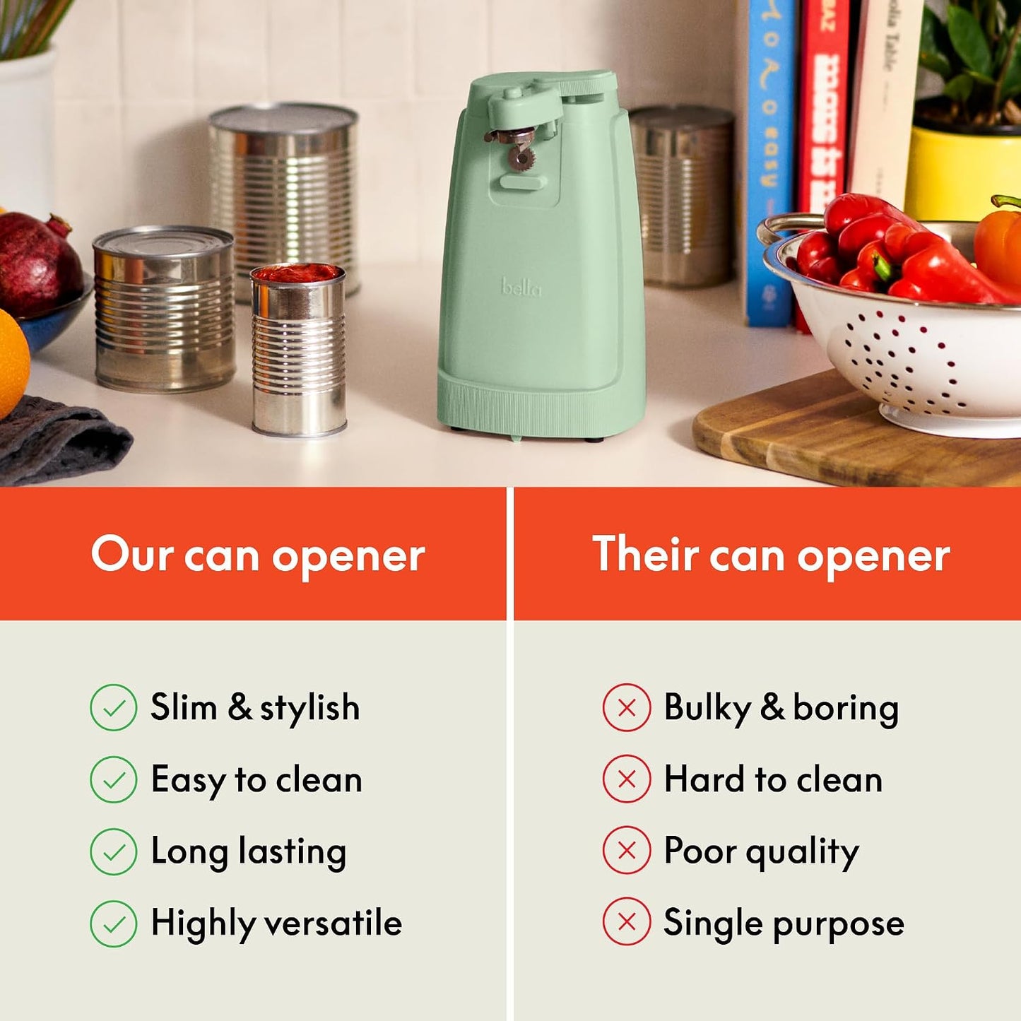 bella Automatic Can Opener, Hands Free, Battery Operated, Cordless, Stainless steel blade to open any Size Can with Magnet to Safely Remove Lid, Seamless Opening Decreases Sharp Edges, Slate