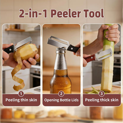 Julienne Peeler Vegetable Peeler for Veggie Potato Carrot(2 Pack) | Multifunctional Cabbage Shredder | 3 in 1 Peeler and Julienne Shredder Tool | Wooden Handle | Bottle Opener
