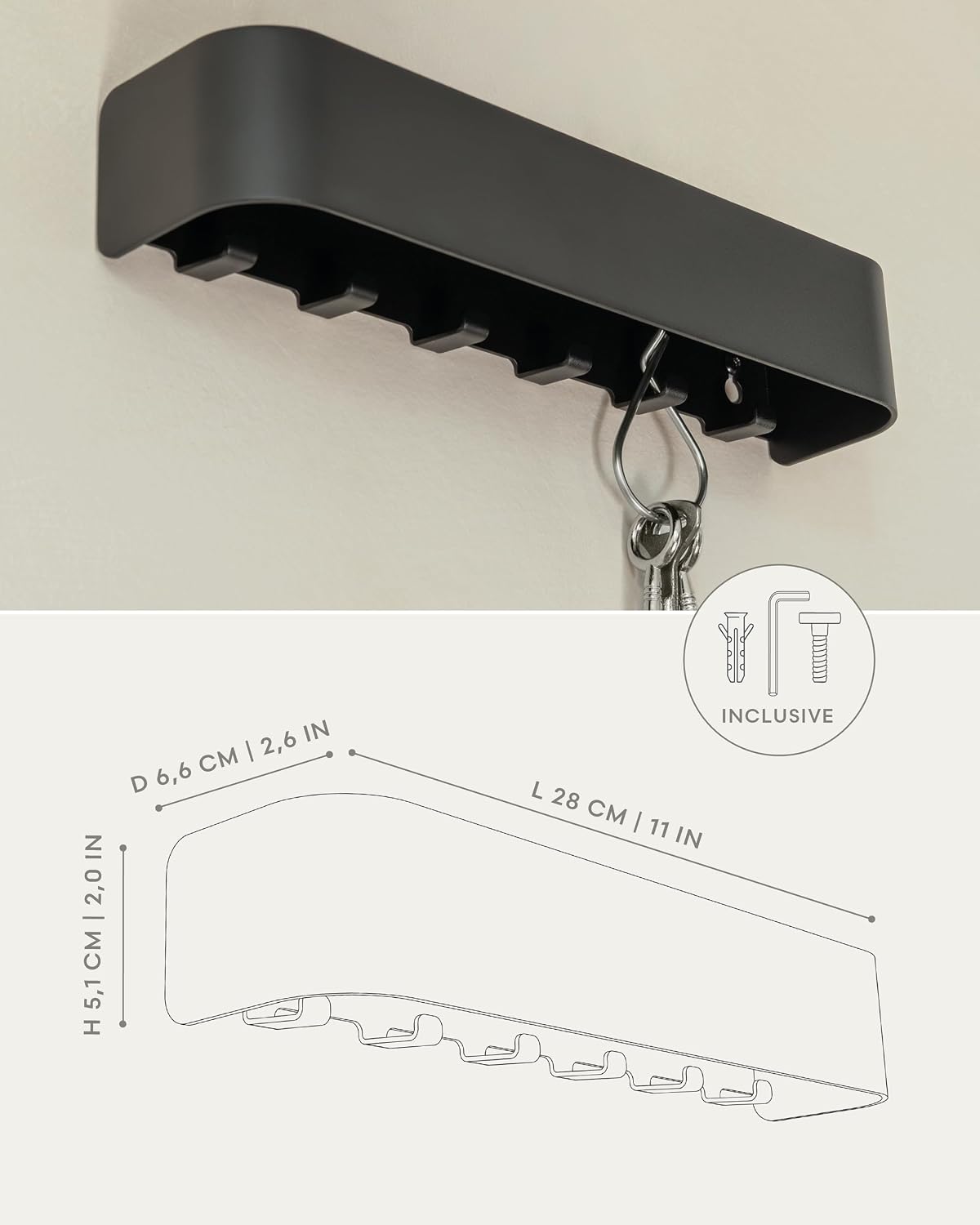 Kazai. Key Holder for Wall 'Tone' | Minimalist Key Hooks Design from Berlin | Modern Key Hanger with Metal Shelf | Key Hook Wall Mounted as Hallway Furniture | Black