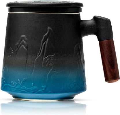 suyika Tea Cup with Infuser and Lid, 15.2 Ounce Wood Handle Ceramic Loose Leaf Mug Gradient Black&Green 450ml