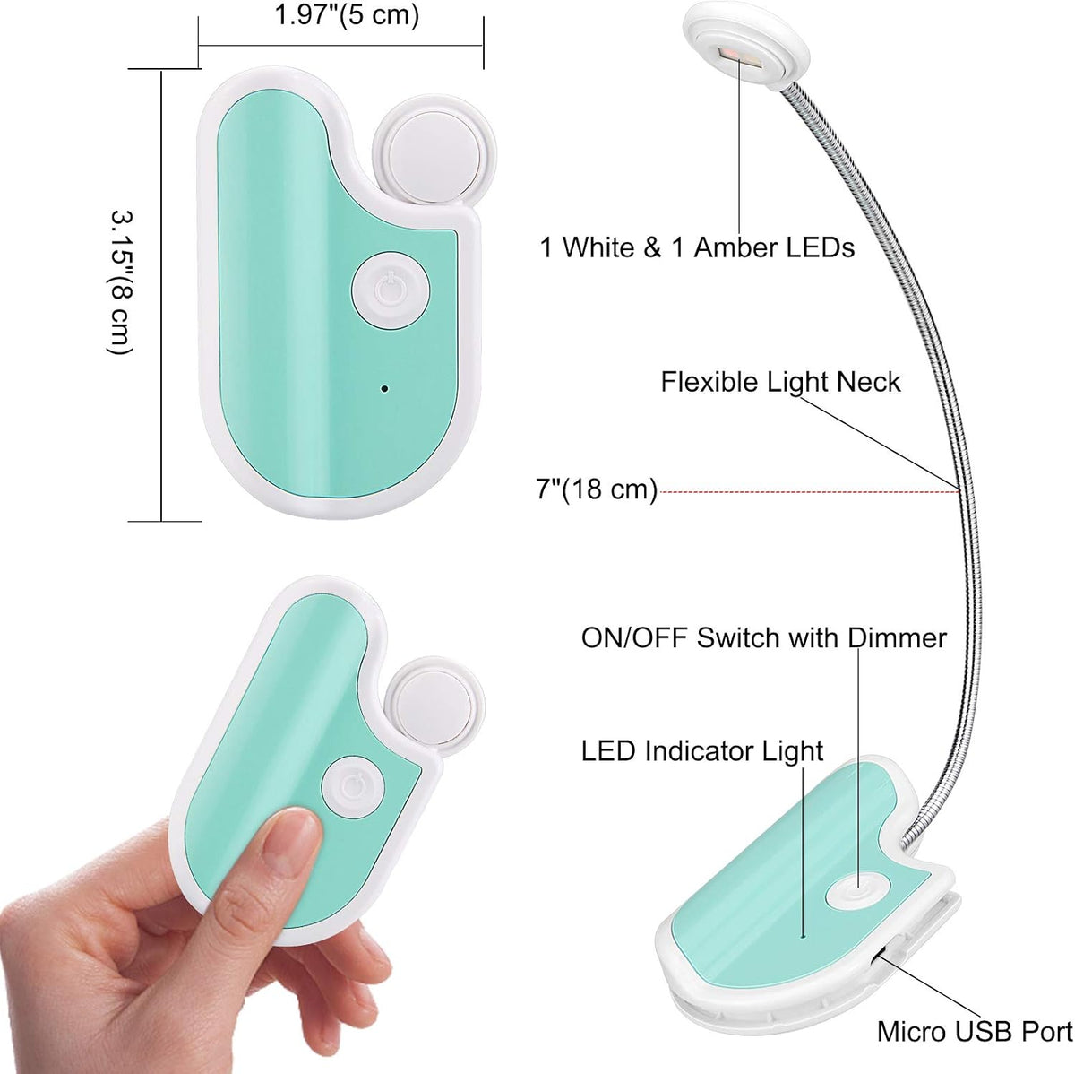BIGMONAT Rechargeable Reading Light for Kids,Small Amber Book Reading Lights,Multi Colors Portable LED Reading Lamp with 360° Rotary Light Neck,Wireless Clip Reading Lighting for Books (Green)