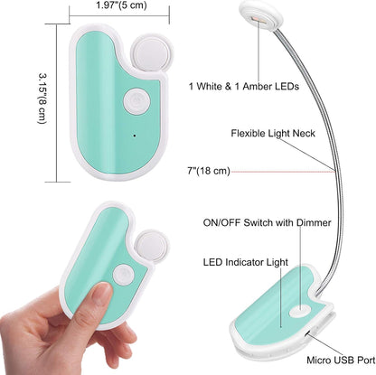 BIGMONAT Rechargeable Reading Light for Kids,Small Amber Book Reading Lights,Multi Colors Portable LED Reading Lamp with 360° Rotary Light Neck,Wireless Clip Reading Lighting for Books (Green)