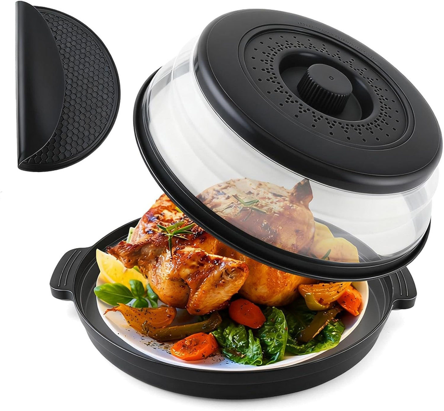 Collapsible Microwave Splatter Cover for Food with Base Mat,Silicone Microwave Plate Cover,Vented Silicone Splatter Guard Lid Vegetable Fruit Colander for Even Heatin(27 * 9.5cm,COLOR:Grey)