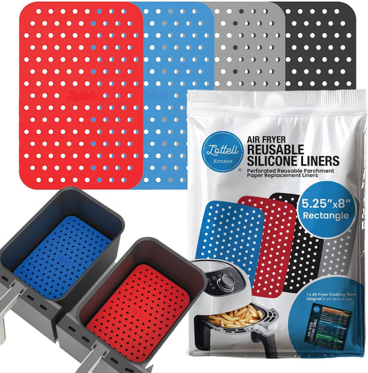 Lotteli Kitchen Reusable Air Fryer Liners, Rectangle, 4 Pack | Air Fryer Accessorie - 5.25 x 8in Silicone Liners for Dual Baskets - Non-Stick, No More Scrubbing