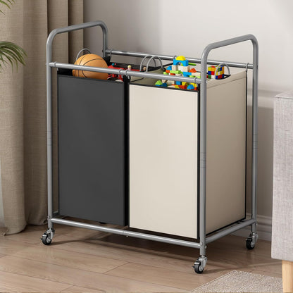 SUOERNUO Laundry Hamper with Lockable Wheels and 2 Removable Bags | Rolling Laundry Basket Laundry Sorter 2 section for Dirty Clothes in Laundry Room or Small Spaces, Grey+Beige