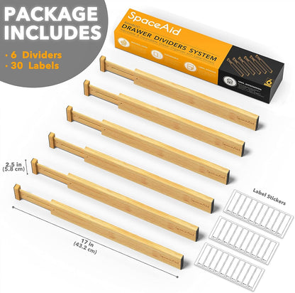 SpaceAid Bamboo Drawer Dividers with Labels, Kitchen Adjustable Drawer Organizers, Expandable Organization for Home, Office, Dressers and Bathroom, 6 Dividers (17-22 in)