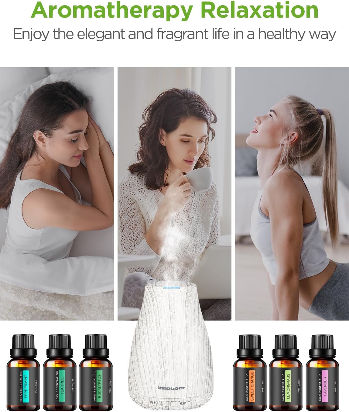 InnoGear Essential Oil Diffuser with Oils, 100ml Aromatherapy Diffuser with 6 Essential Oils Set, Aroma Cool Mist Humidifier Gift Set, Dark Wood Grain