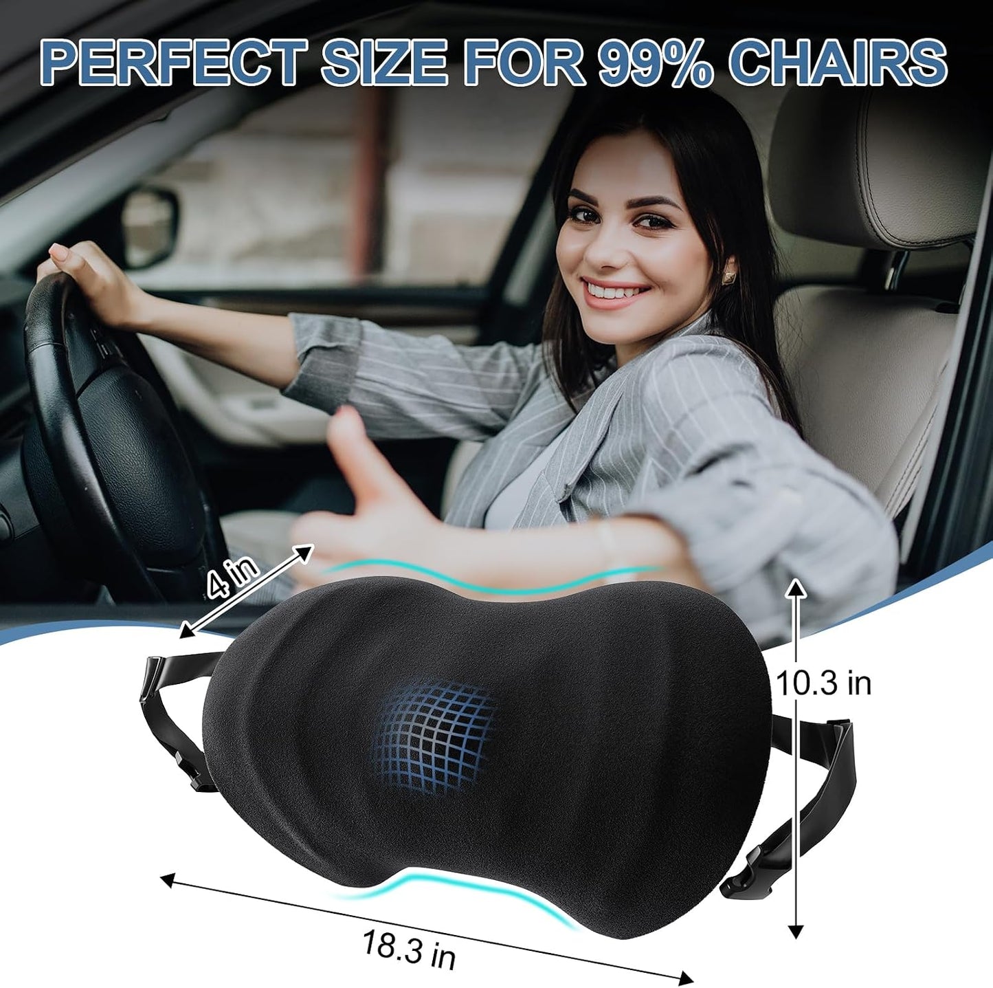 BYMECOST Lumbar Support Pillow for Car, Ergonomic Back Cushion | Memory Foam Lower Back Support Cushion with Strap for Driving, Lumbar Pillow for Pain Relief, for Office Chair, Long Sitting