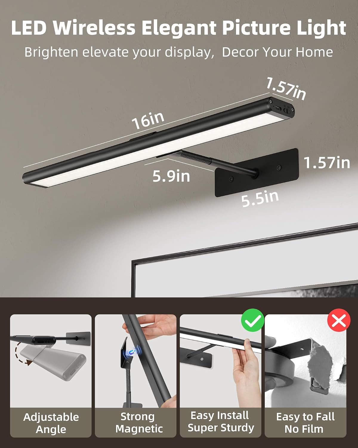 EZVALO Picture Light for Wall, 4800mAh Rechargeable Wireless Gold Light with IR Remote, Dimmable Magnetic LED Art Display Light with 3 Color Temperatures, for Gallery, Living Room, Bedroom(2Pack)