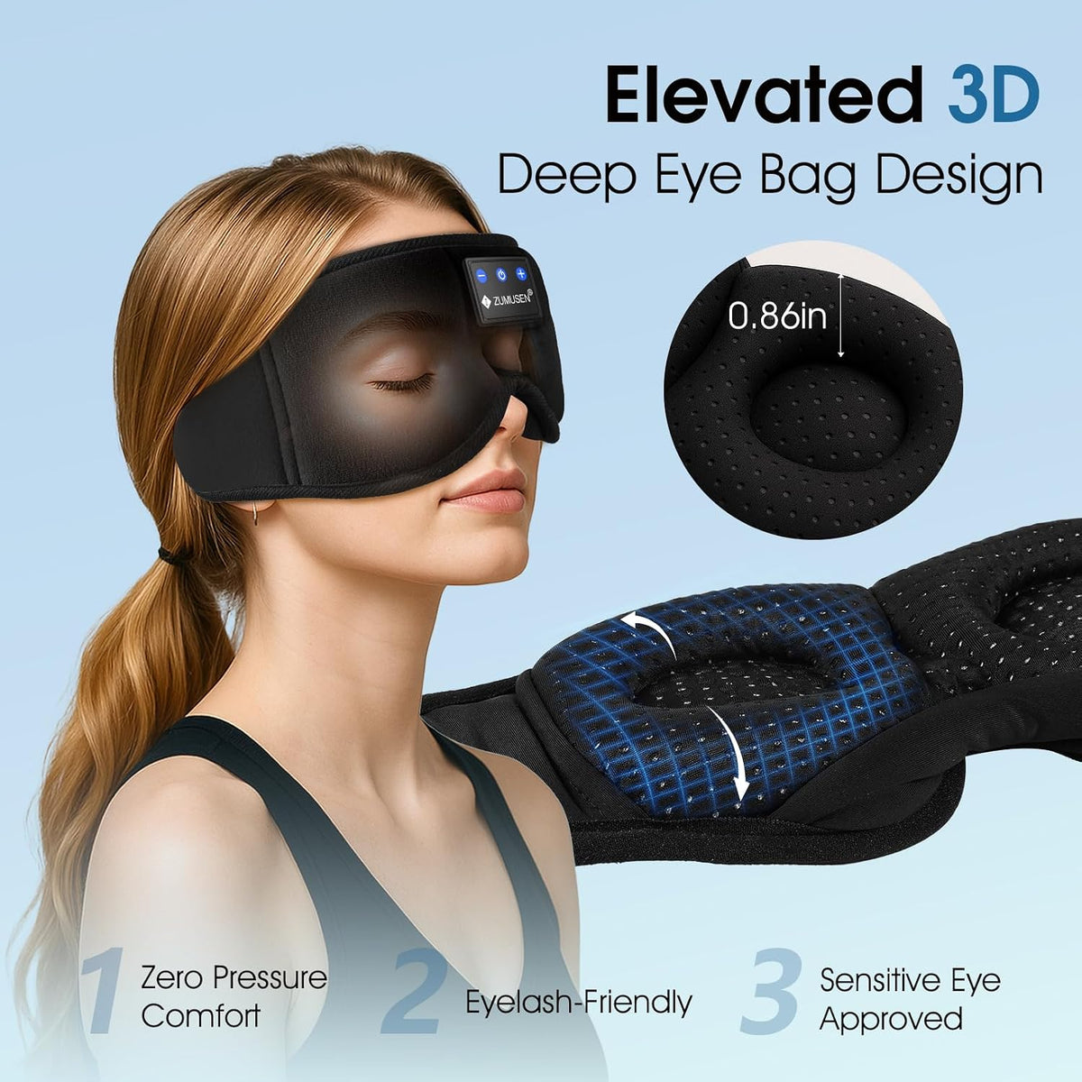 ZUMUSEN Bluetooth Sleep Headphones Mask with 3D Stereo Speakers