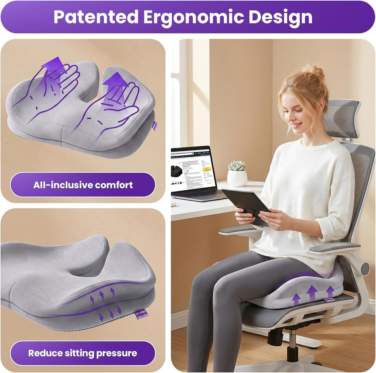 ZZ-WELL Seat Cushions for Office Chairs, Coccyx Cushion for Tailbone Pain, Memory Foam Butt Pillows for Computer Gaming Chair, Patented Pressure Relief Design Chair Cushion (Light Grey, XX-Large)