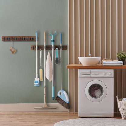 OUTNILI Mop and Broom Holder Wall Mount - Wood Broom Mop Hanger - Wall Mounted Garden Tool Rack Organizer for Closet Garage Laundry Room, Rustic Kitchen Decor With 4 Slots & 4 Hooks